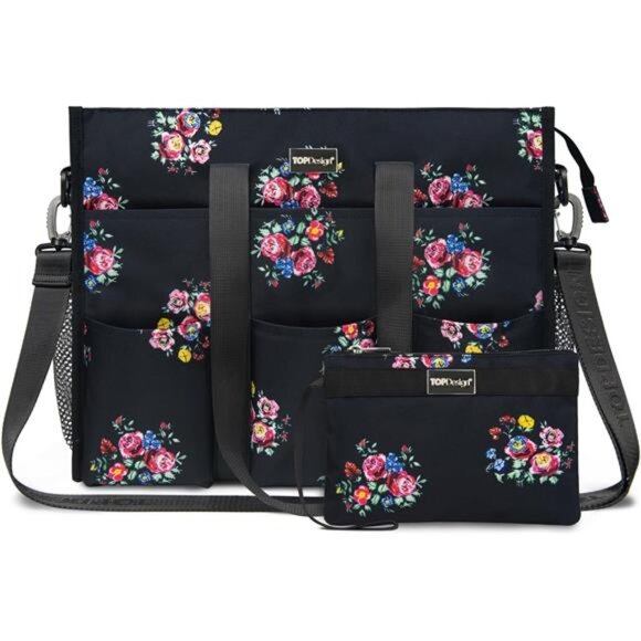 Utility Water Resistant Tote Bag with 22 Pockets Size L Blooming Flower
